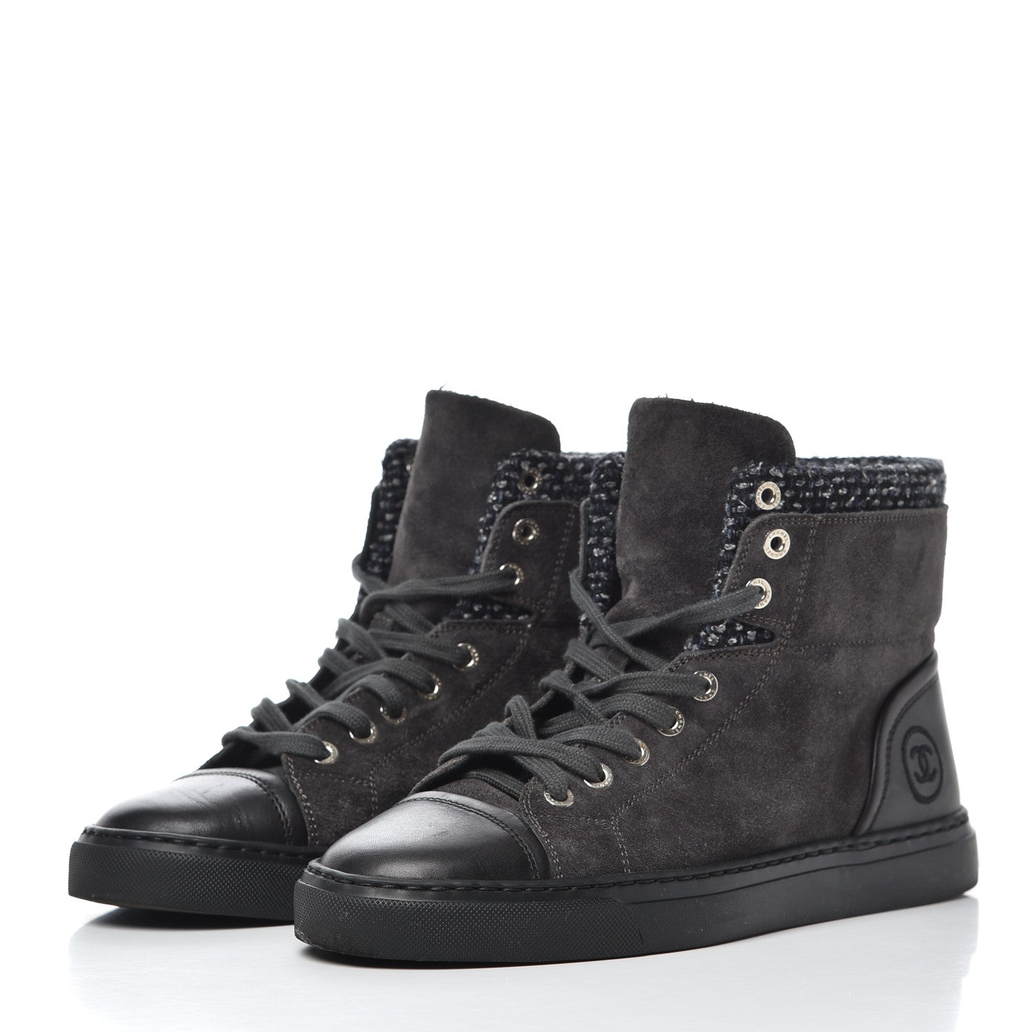 Chanel Suede Tweed High Top Sneakers 37.5 Dark Grey 2 of 9