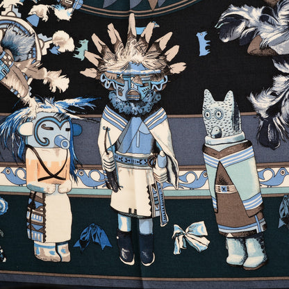 Hermes Cashmere Silk Kachinas Shawl 140 Marine Ciel Gris Bleuete 6 of 7