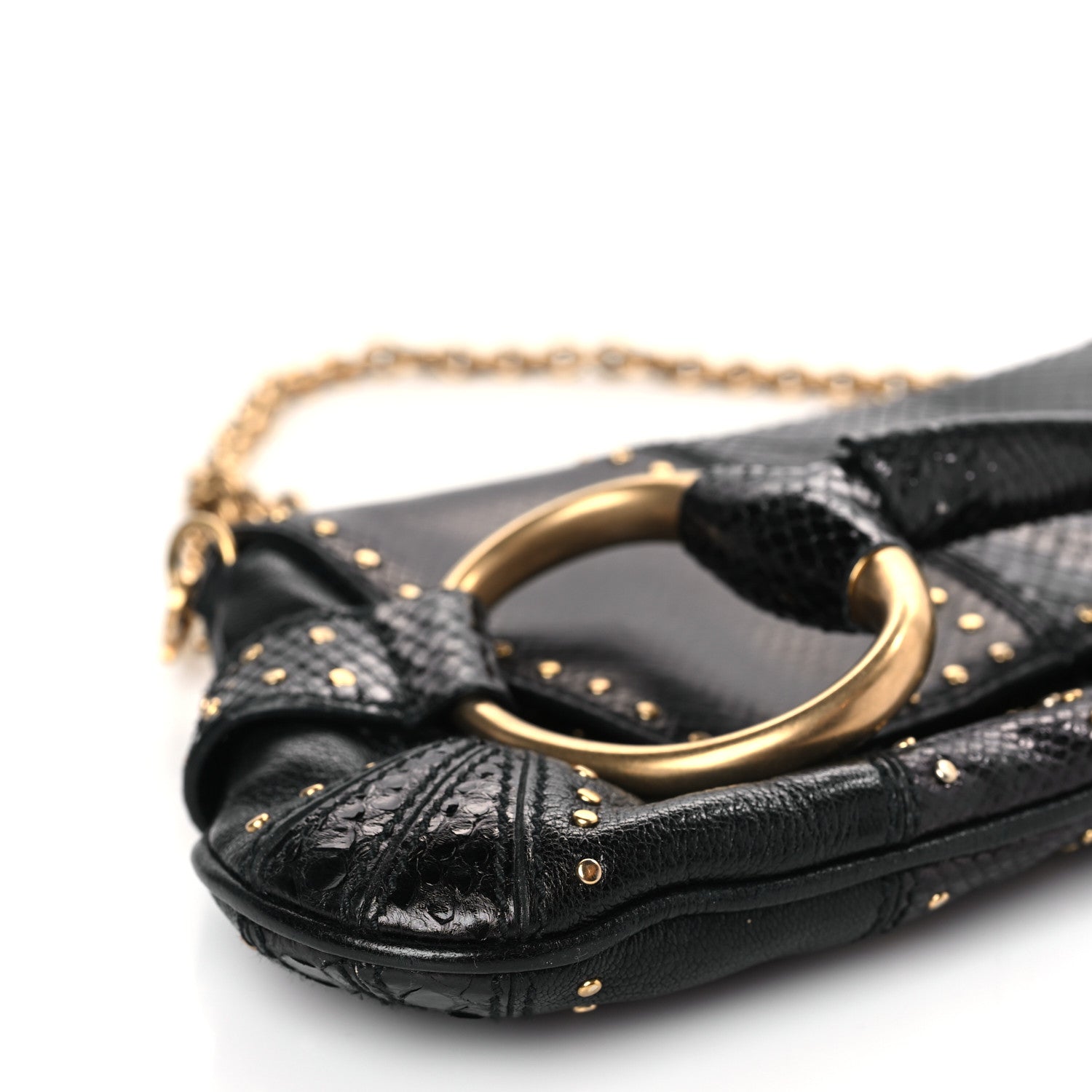 Gucci Snakeskin Studded Horsebit Chain Clutch Black 8 of 9