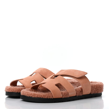 Hermes Suede Goatskin Woolskin Womens Chypre Sandals 38.5 Rose Aube 3 of 8