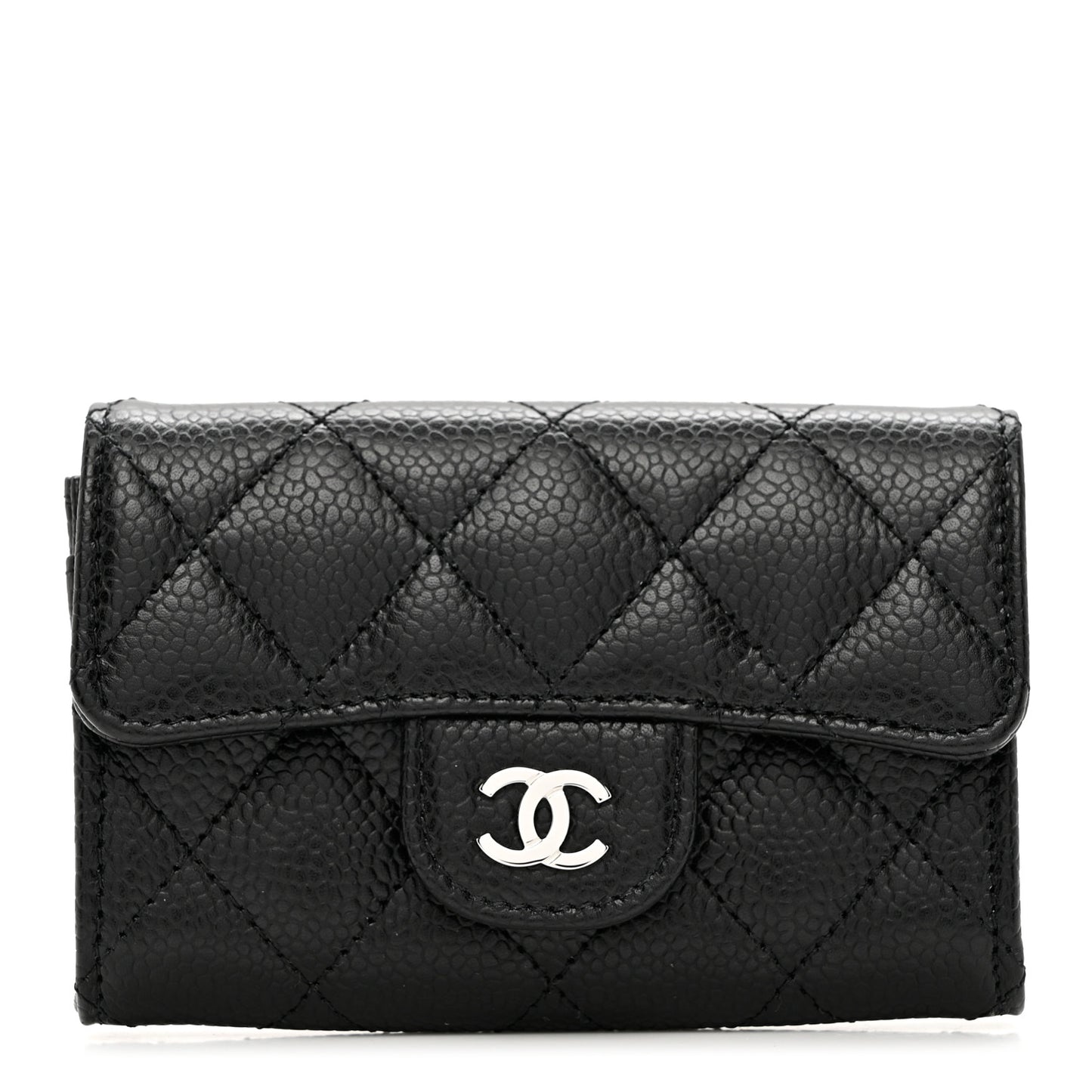 Caviar Quilted Flap Card Holder Wallet Black