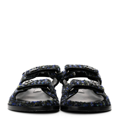 Chanel Iridescent Tweed Velcro Dad Sandals 36.5 Navy Blue Multicolor 2 of 14