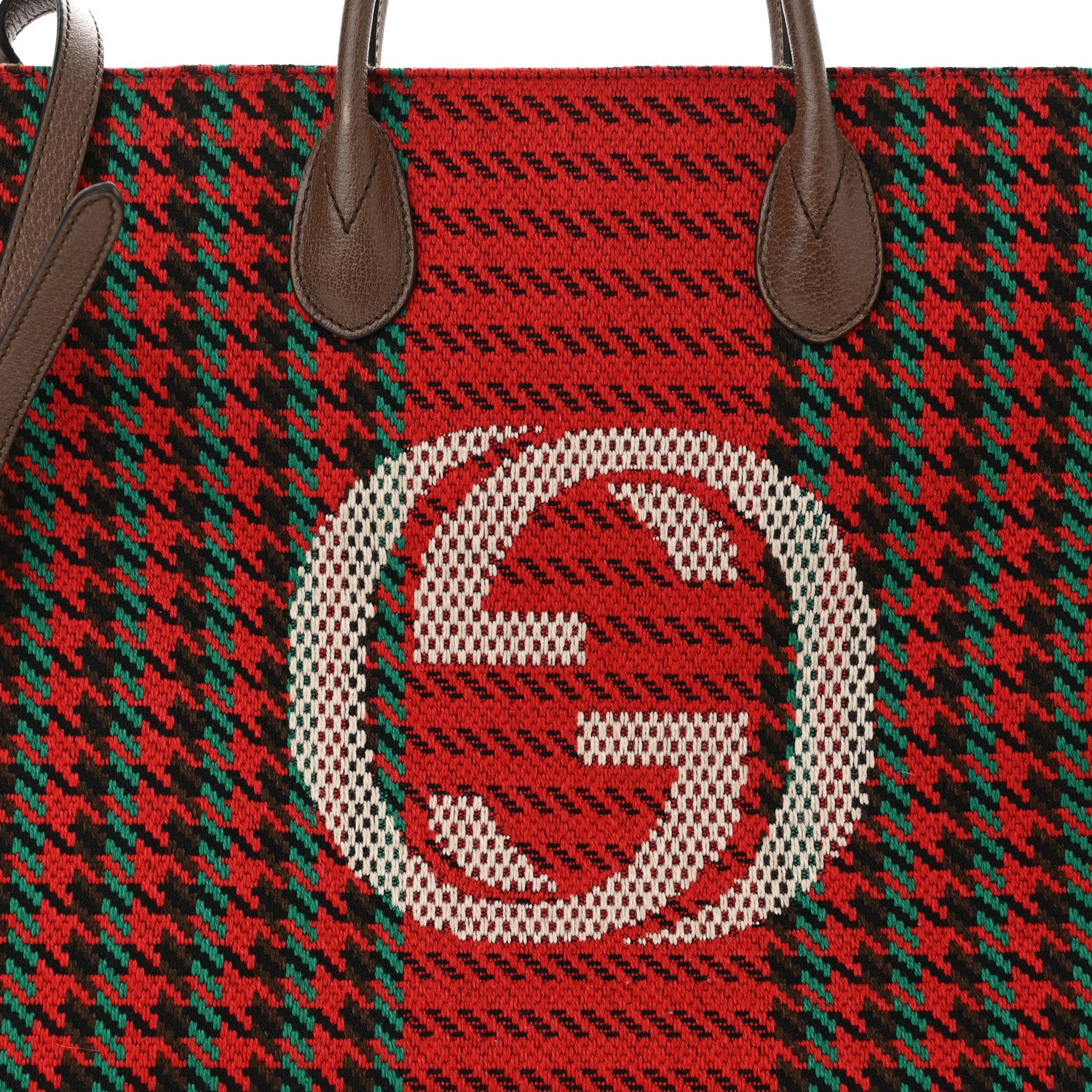 Gucci Cotton Wool Textured Calfskin Houndstooth Woven Large Interlocking G Tote Red Green Ivory Multicolor New Acero 9 of 11