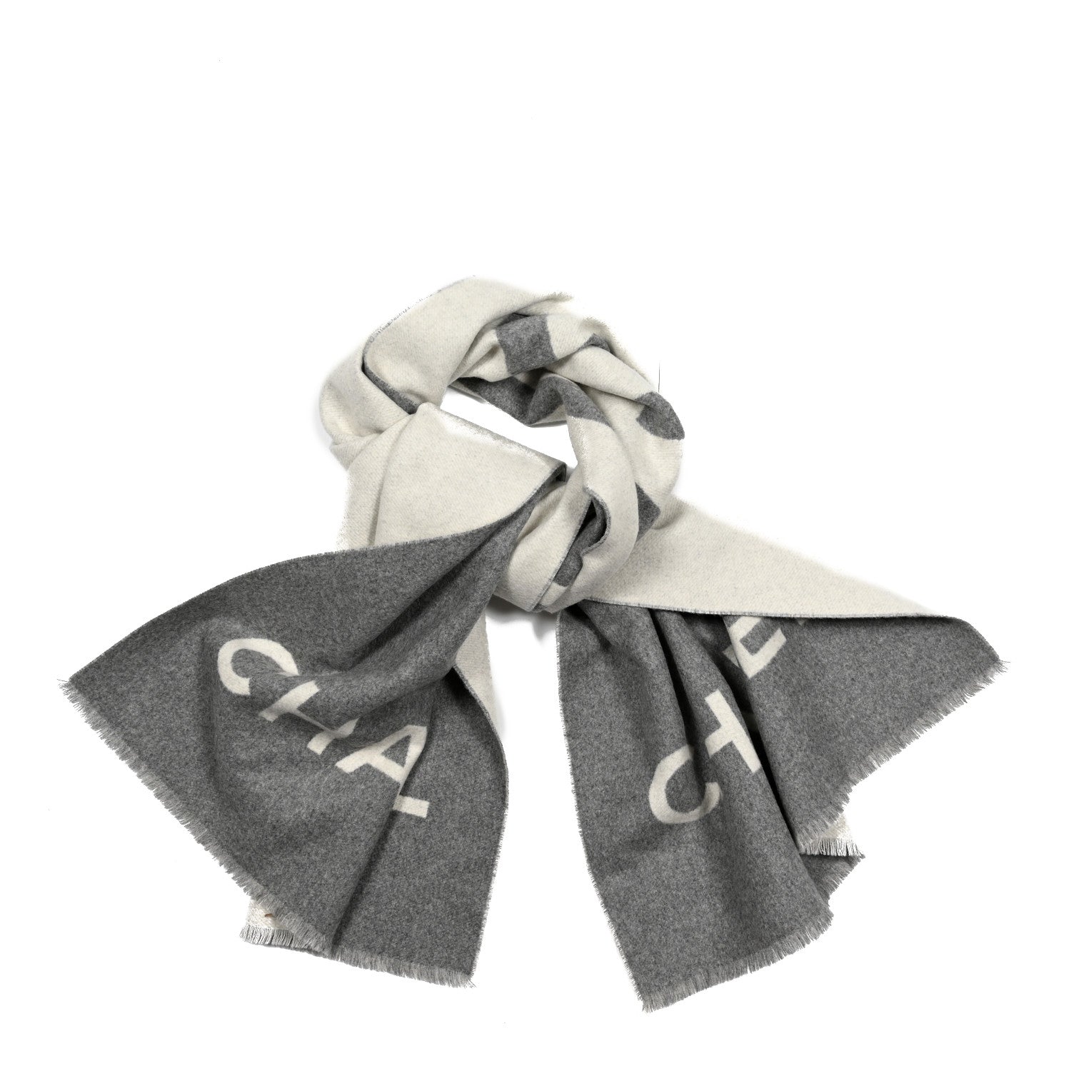 Chanel Cashmere CC Fringe Stole Grey White 1 of 3