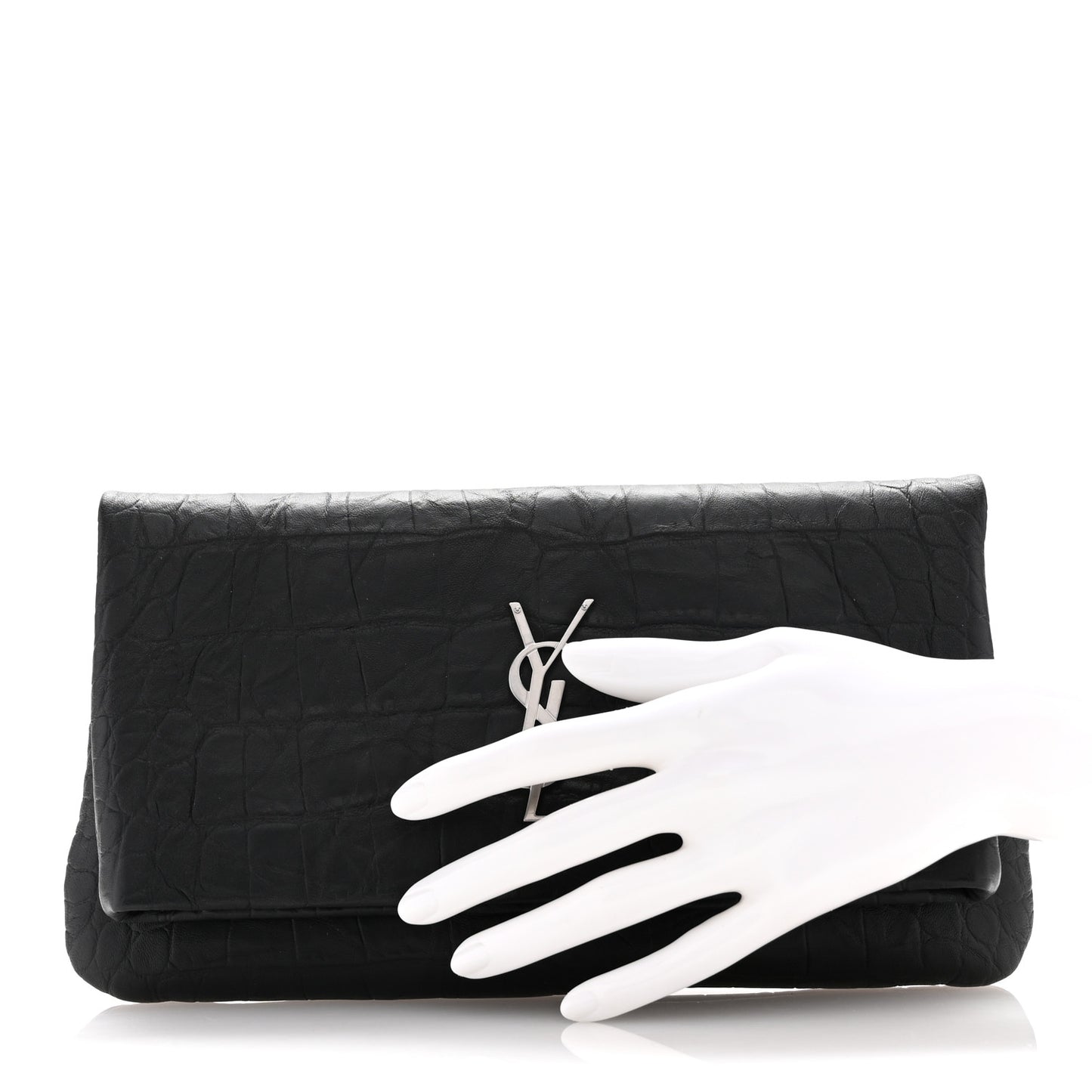 Calfskin Crocodile Embossed West Hollywood Monogram Fold Over Clutch Black