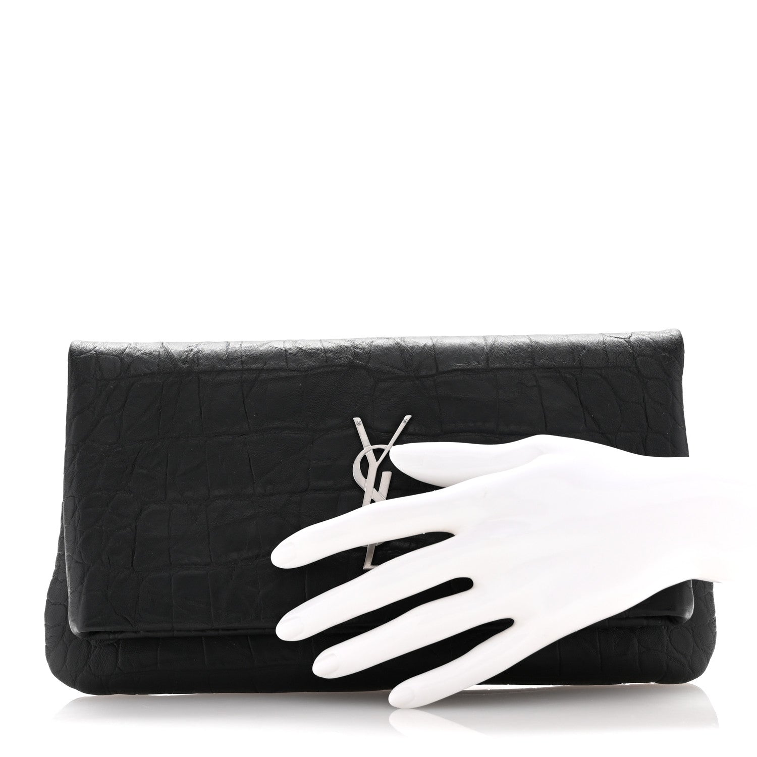 Saint Laurent Calfskin Crocodile Embossed West Hollywood Monogram Fold Over Clutch Black 2 of 7