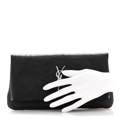 Saint Laurent Calfskin Crocodile Embossed West Hollywood Monogram Fold Over Clutch Black 2 of 7