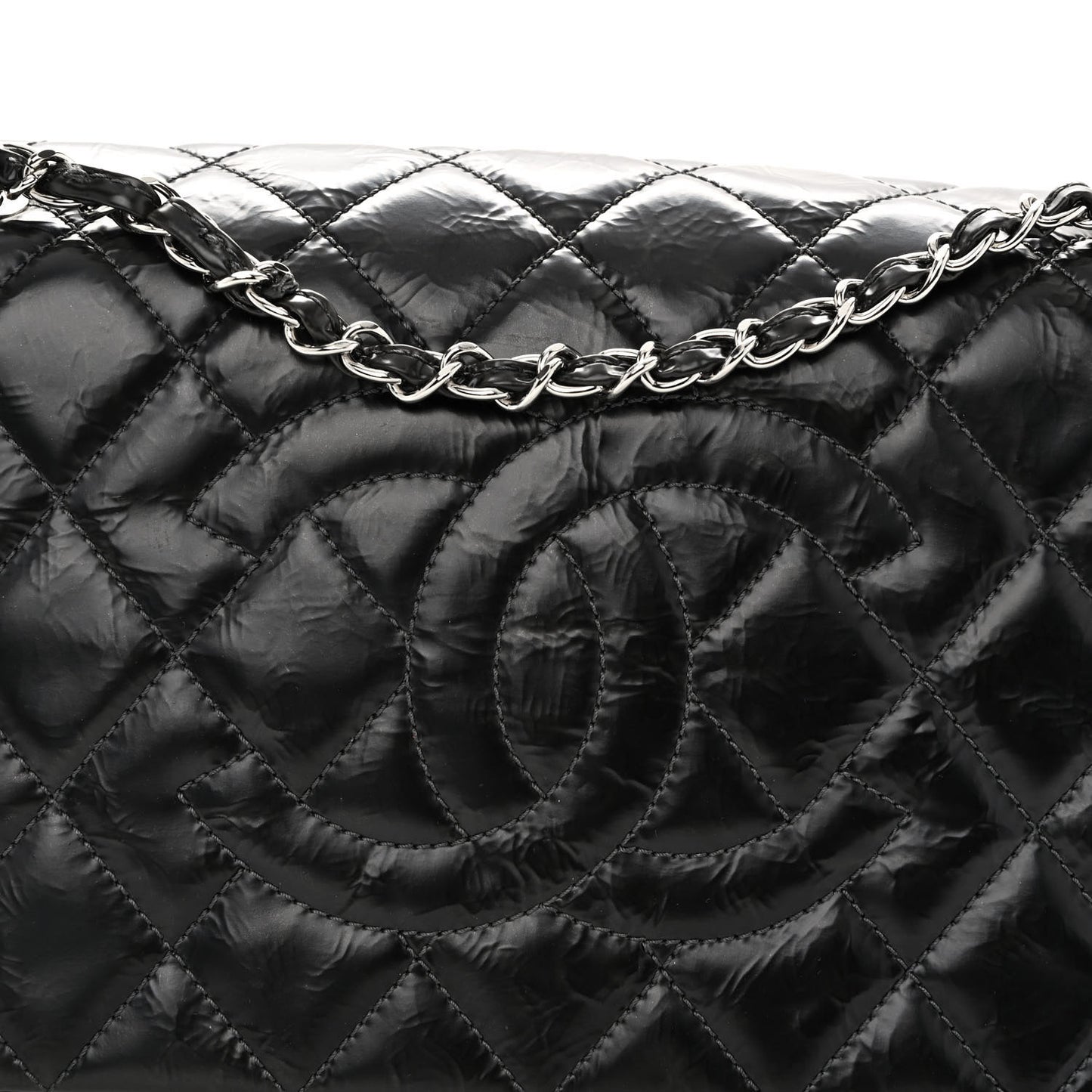Glazed Calfskin Quilted CC Single Flap Black