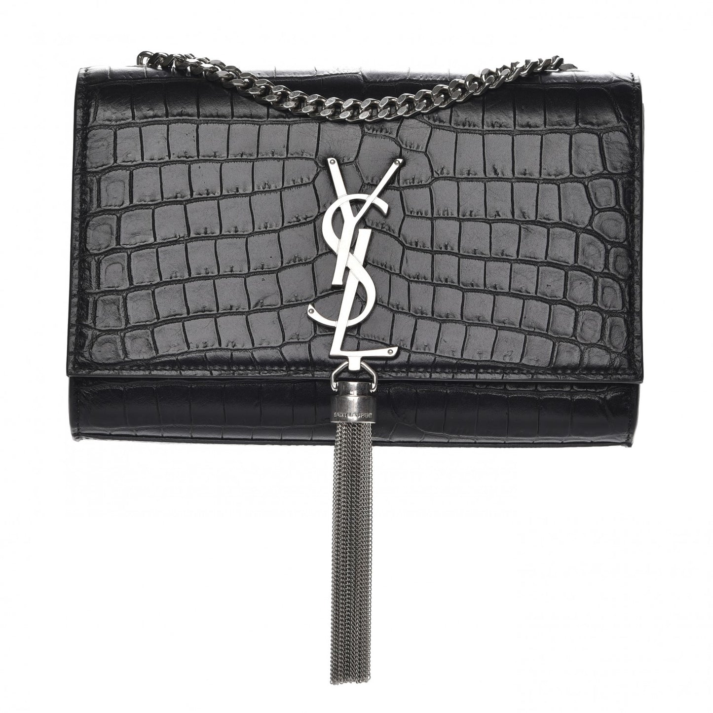 Calfskin Crocodile Embossed Monogram Small Kate Tassel Satchel Black