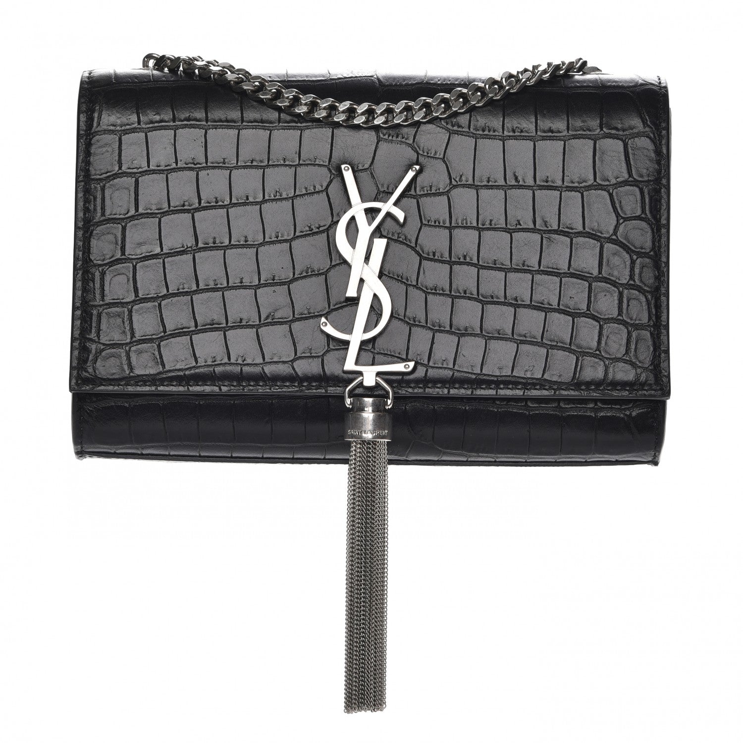 Saint Laurent Calfskin Crocodile Embossed Monogram Small Kate Tassel Satchel Black 1 of 7