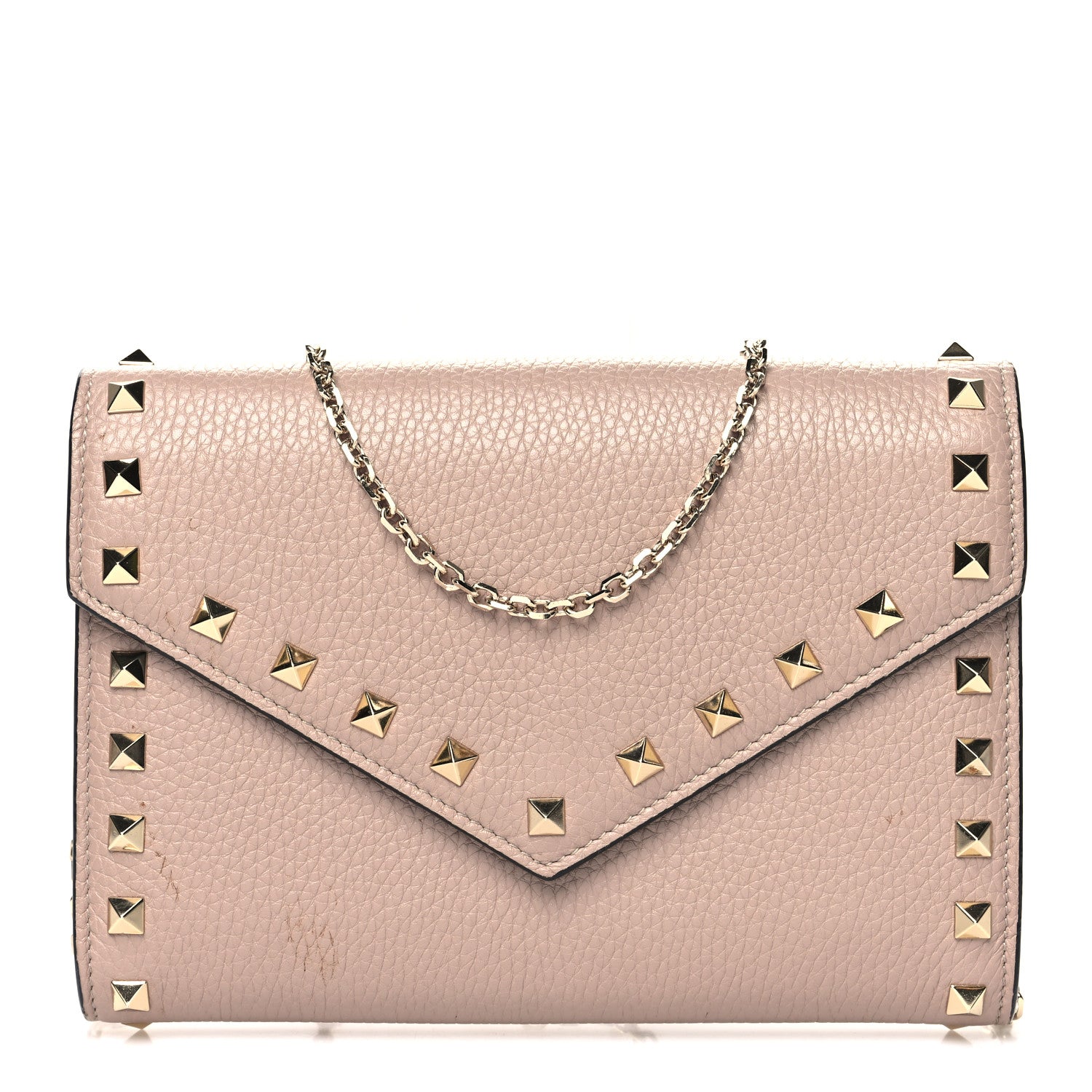 Valentino Garavani Pebbled Calfskin Rockstud Envelope Wallet on Chain Poudre 1 of 12
