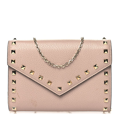 Valentino Garavani Pebbled Calfskin Rockstud Envelope Wallet on Chain Poudre 1 of 12