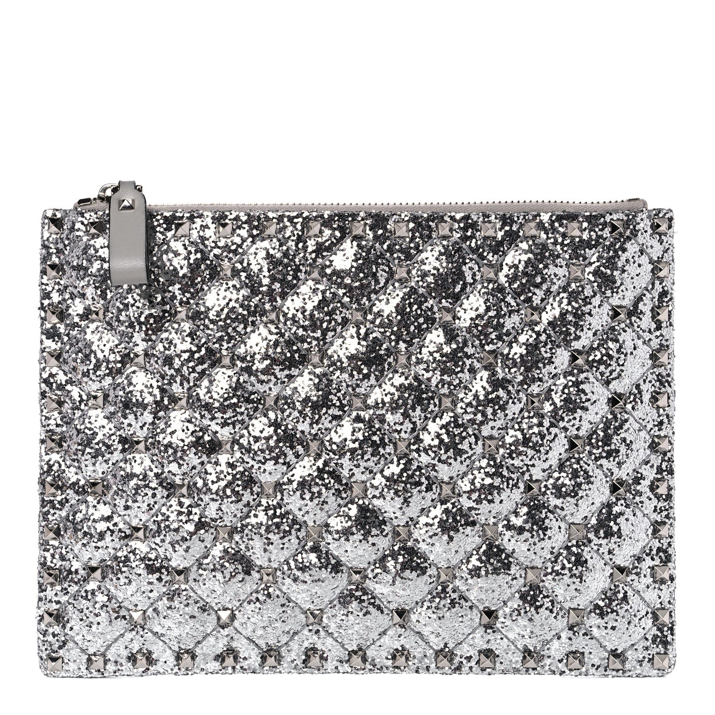 Glitter Rockstud Spike Zip Pouch Silver