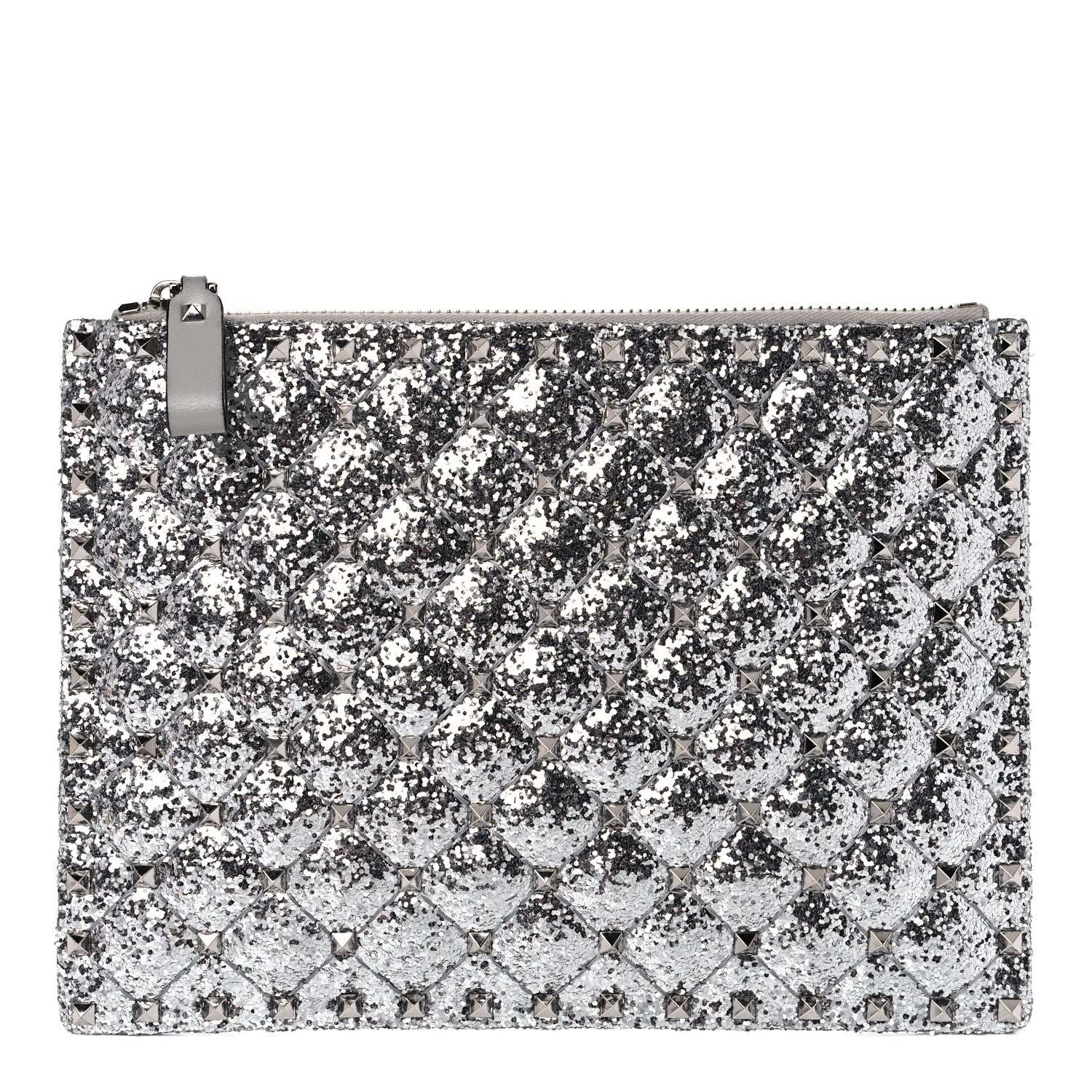 Valentino Garavani Glitter Rockstud Spike Zip Pouch Silver 1 of 6