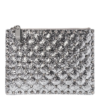Valentino Garavani Glitter Rockstud Spike Zip Pouch Silver 1 of 6