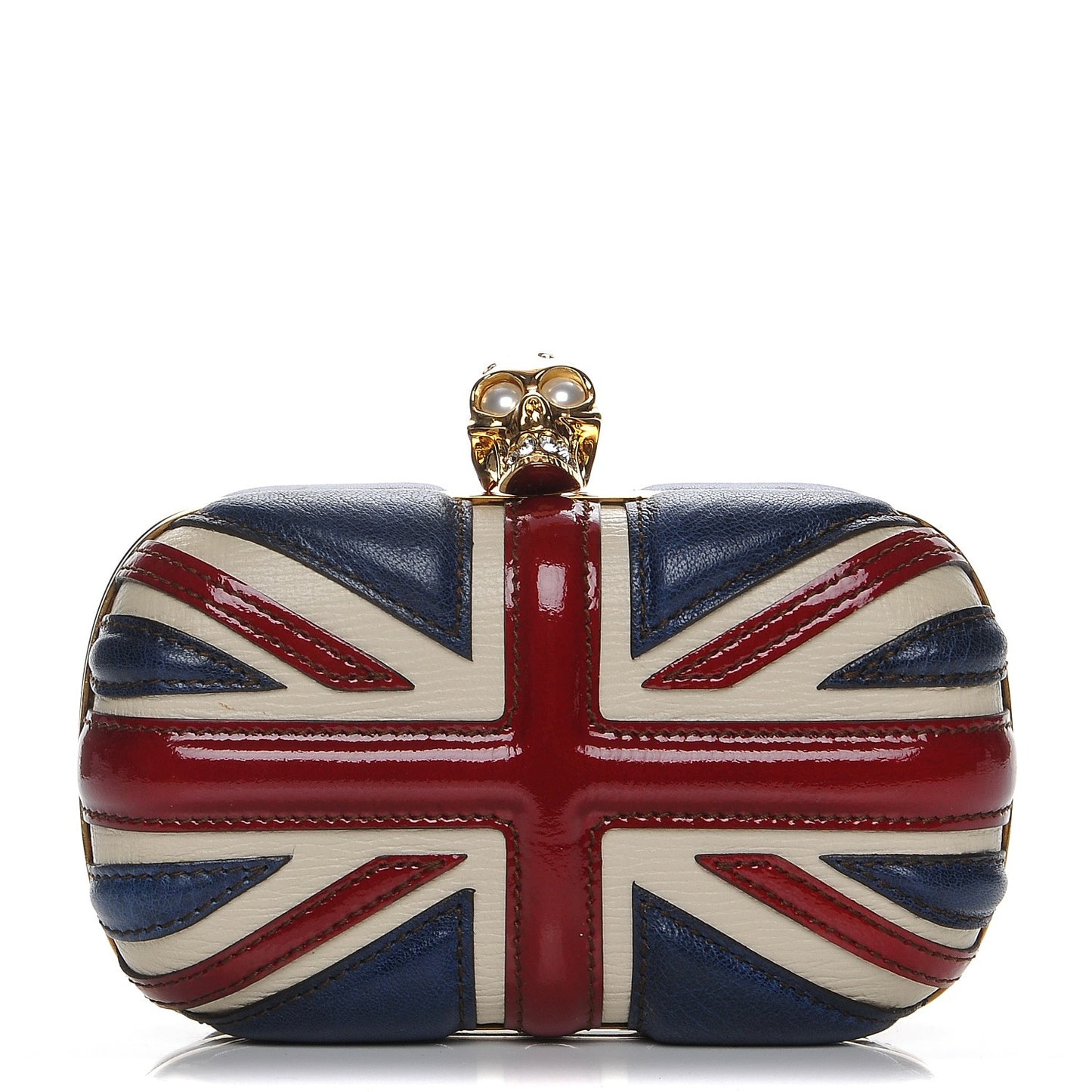 Patent Calfskin Britannia Skull Box Clutch Red Blue