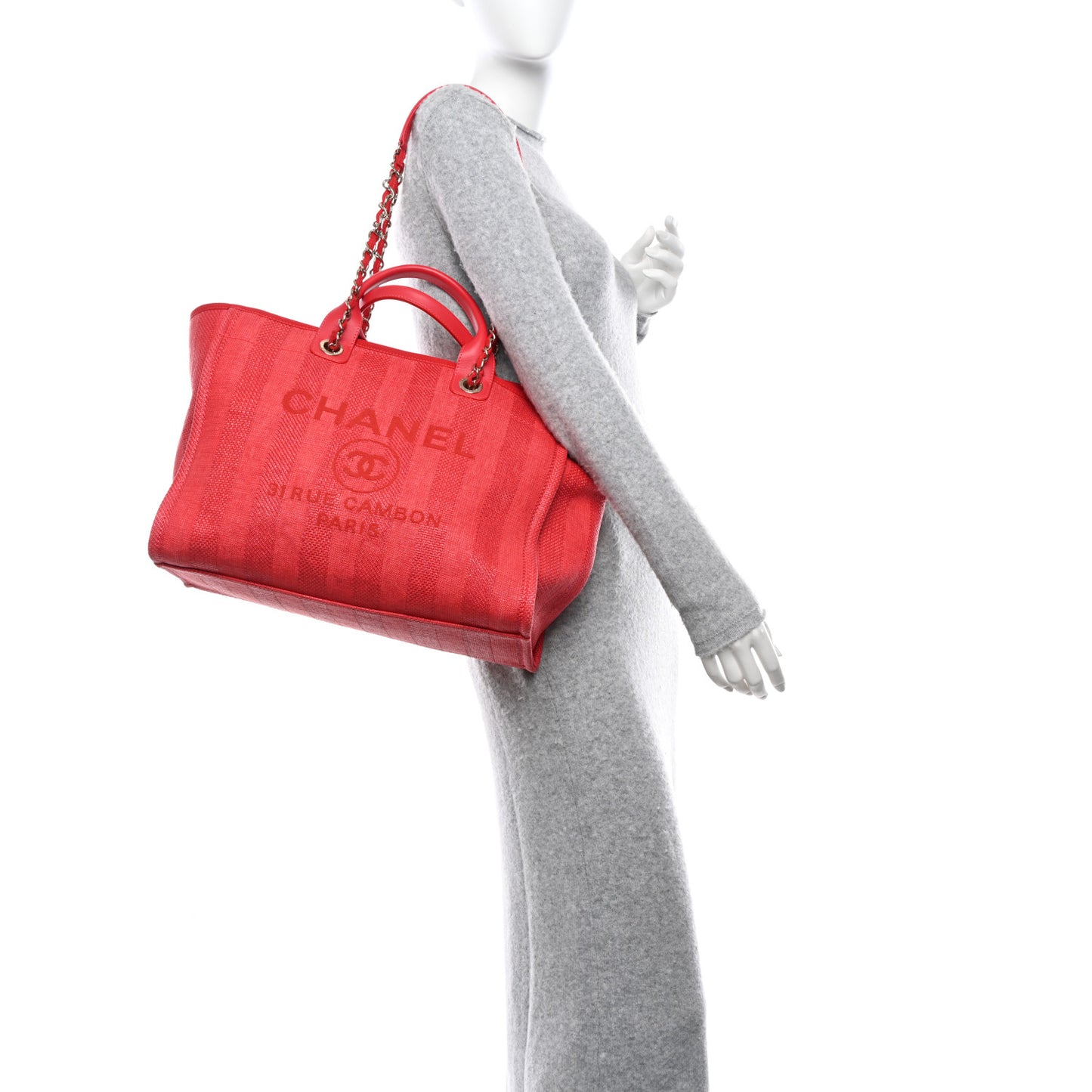 Straw Raffia Calfskin Striped Large Deauville Tote Red