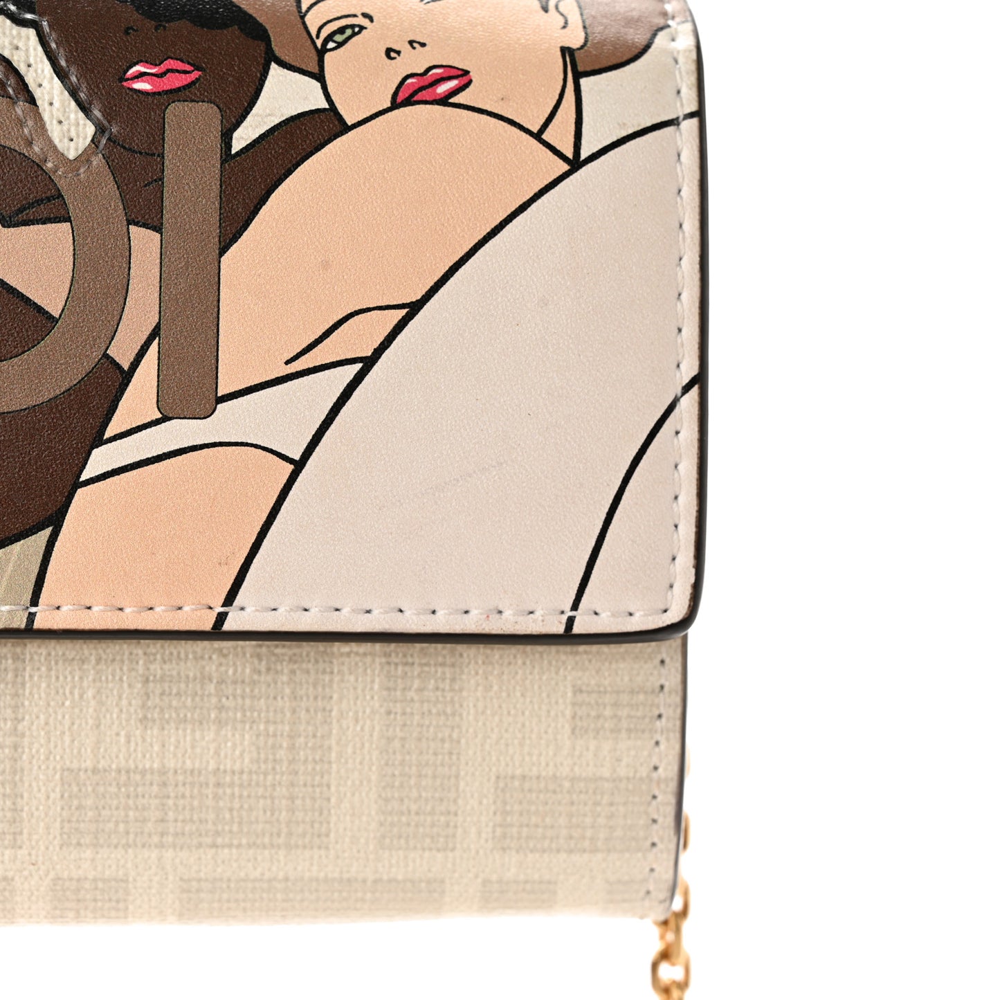 Glazed Fabric Vitello Liberty FF Logo Bikini Girls Inlay Continental Wallet On Chain Bianco Perla Multicolor