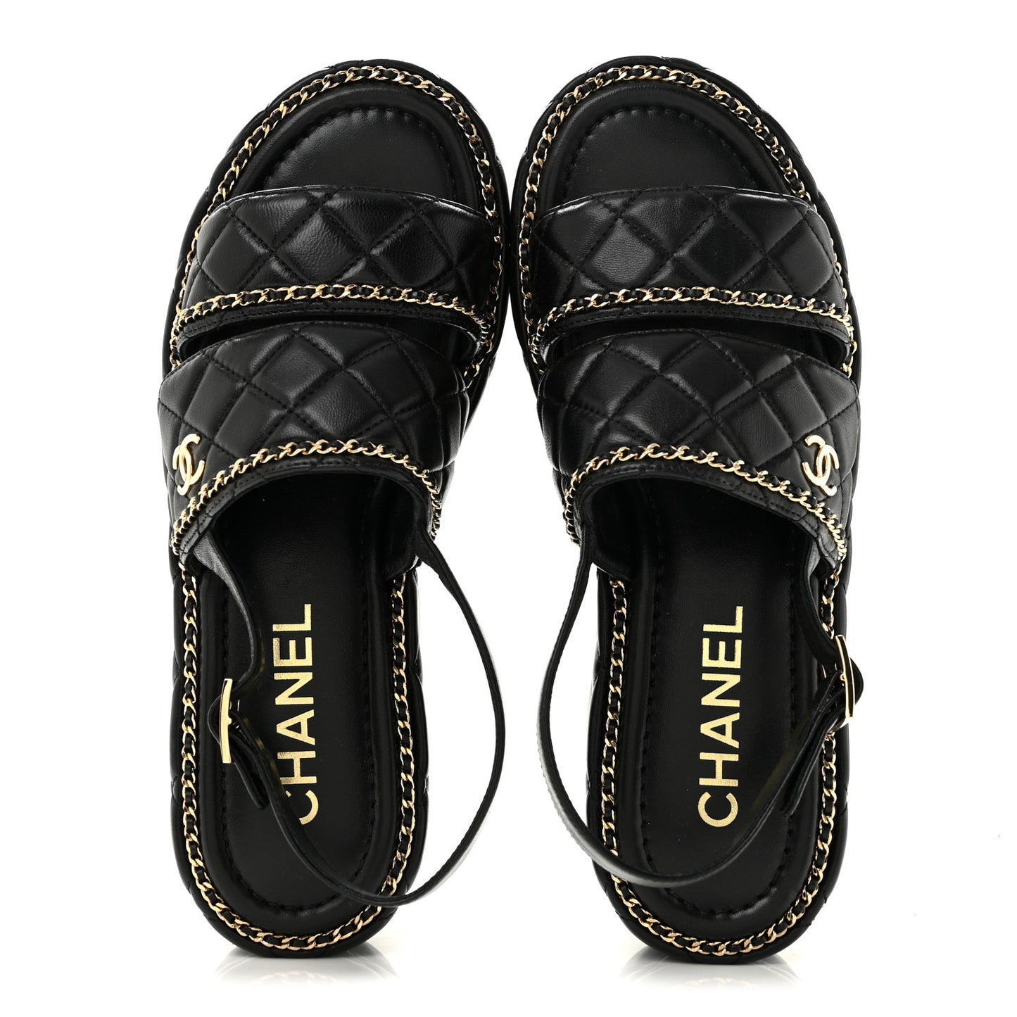Shiny Lambskin Quilted Chain Around CC Platform Sandals 40 Black