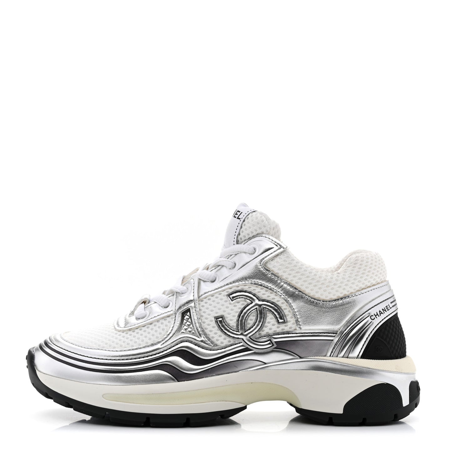 Fabric Laminated Calfskin Stretch CC Womens Sneakers 35 White Silver
