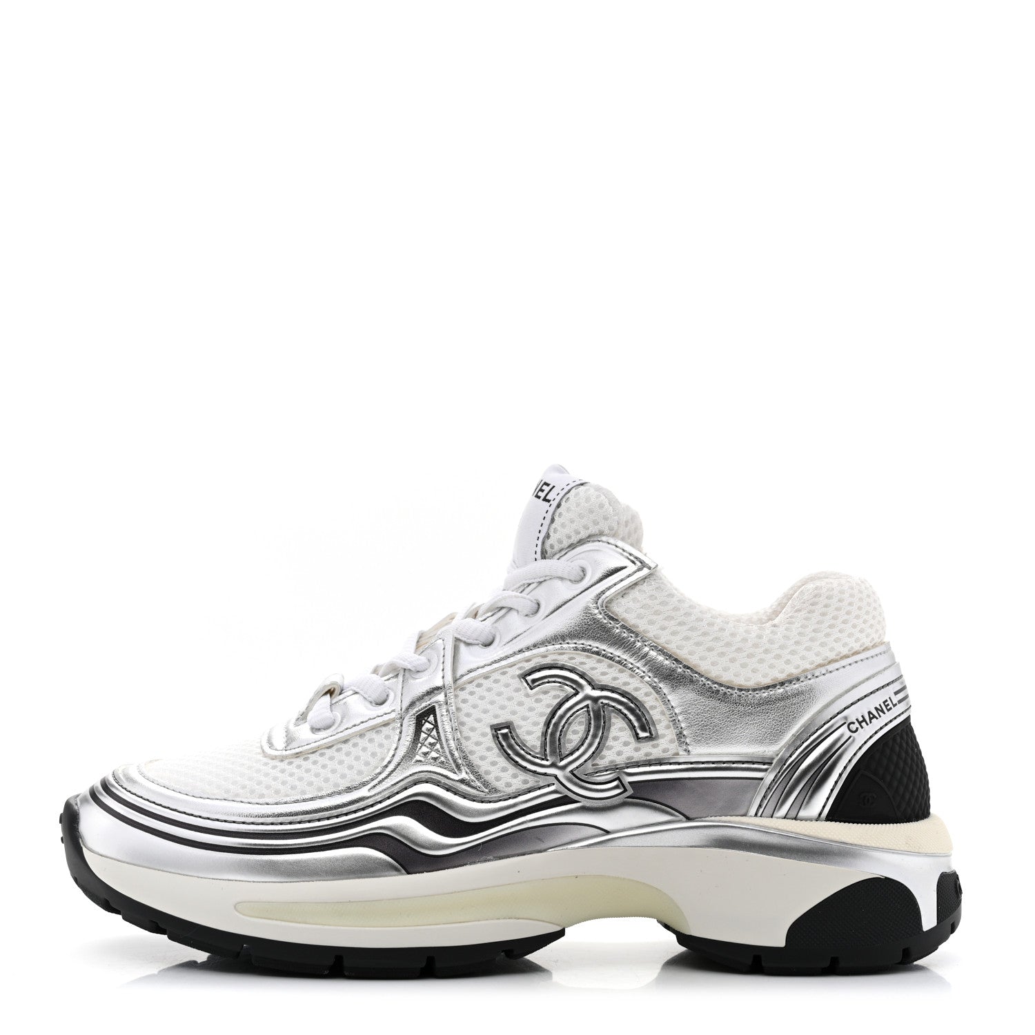 Chanel Fabric Laminated Calfskin Stretch CC Womens Sneakers 35 White Silver 1 of 8