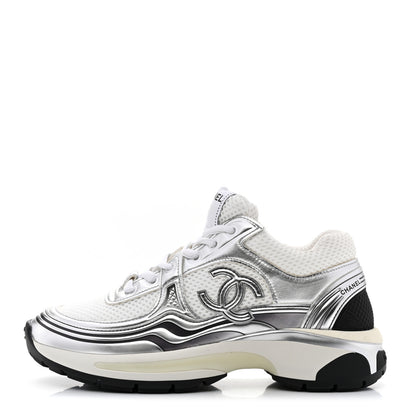 Chanel Fabric Laminated Calfskin Stretch CC Womens Sneakers 35 White Silver 1 of 8