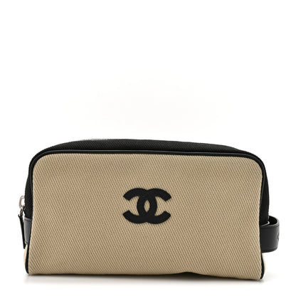 Chanel Canvas Calfskin Large Zippered Pouch Beige Black 1 of 8