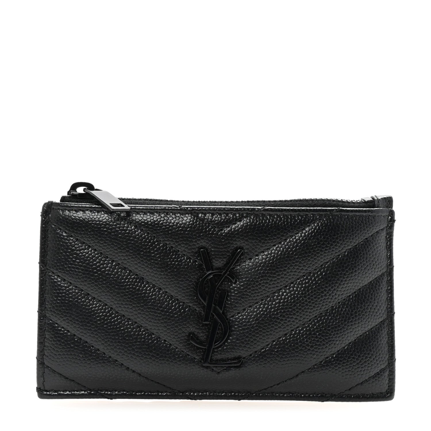 Saint Laurent Grain De Poudre Matelasse Chevron Monochrome Fragments Zippered Card Case Black 1 of 7