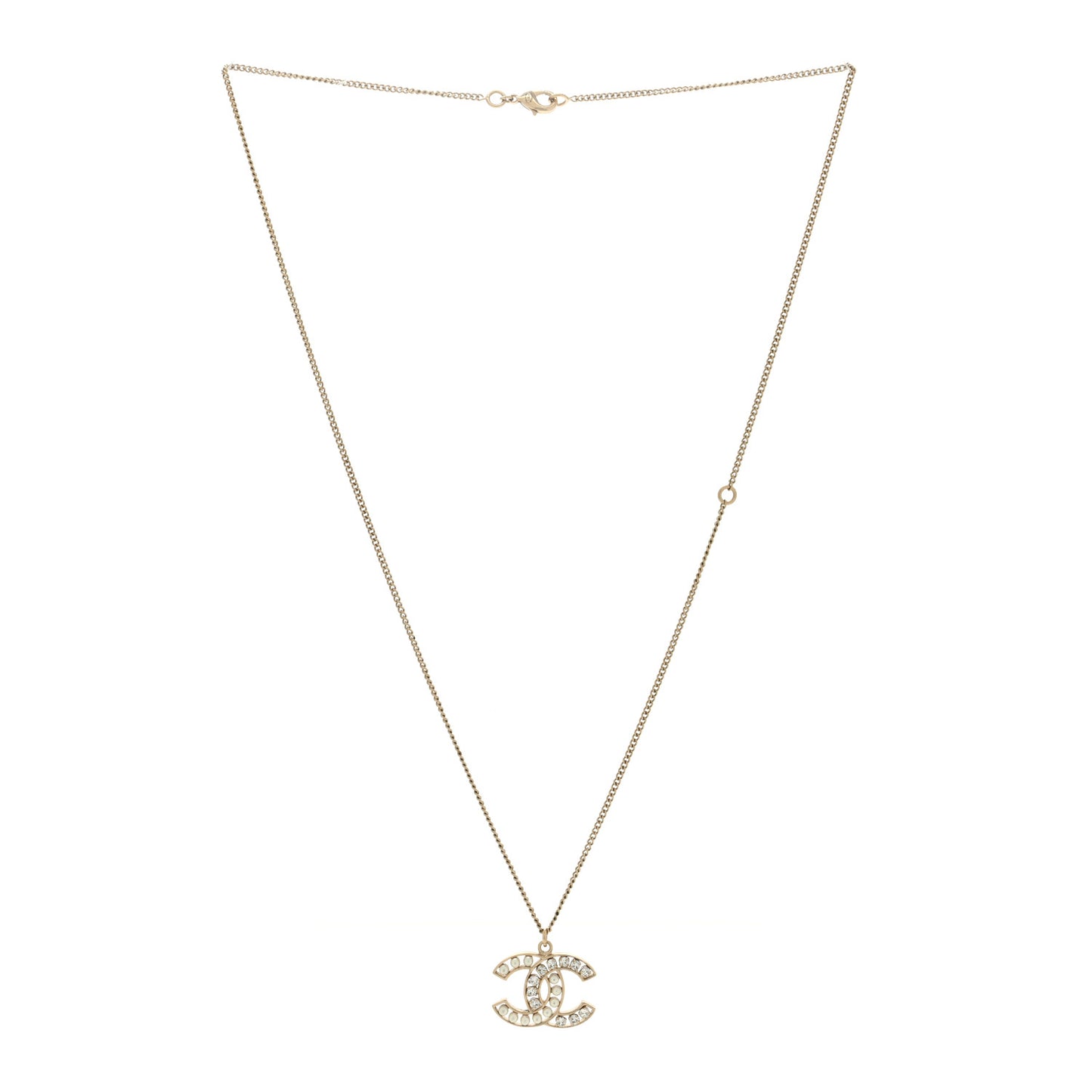 Crystal Pearl CC Pendant Necklace Gold