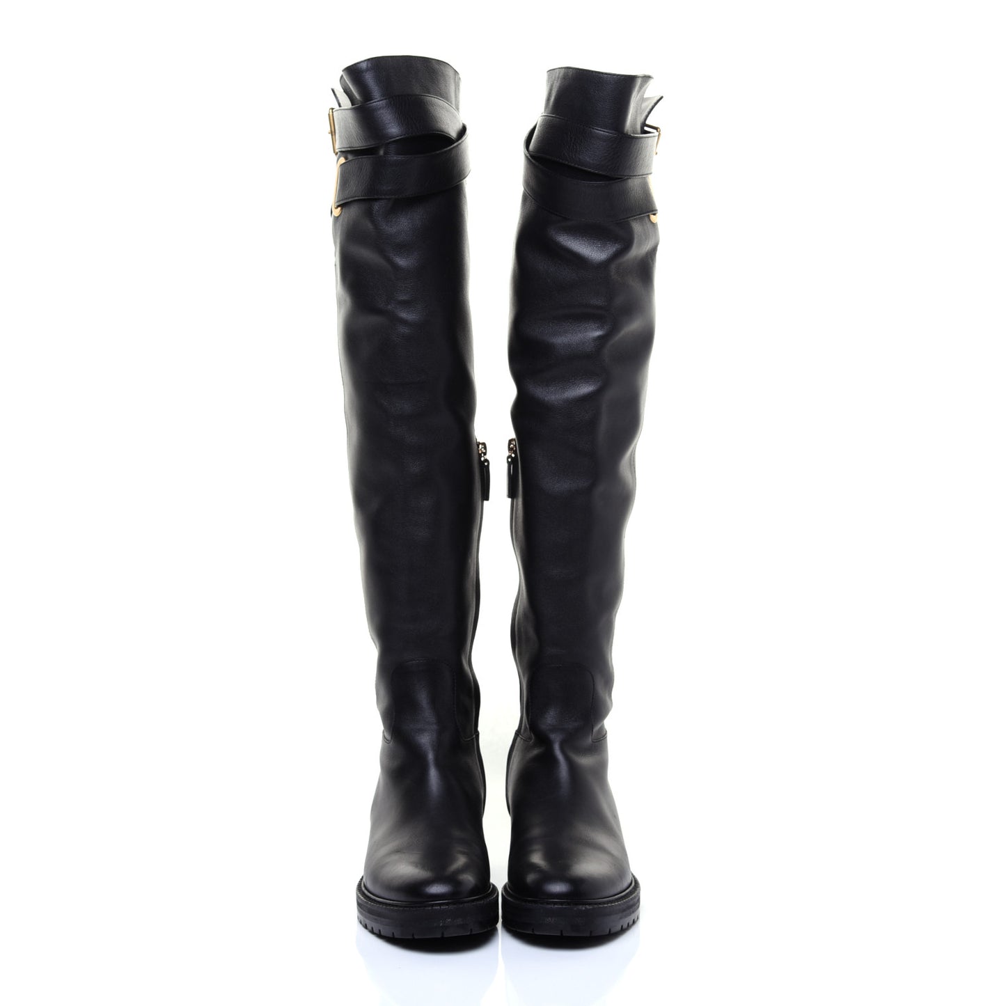 Calfskin Knee High Buckle Boots 37 Black