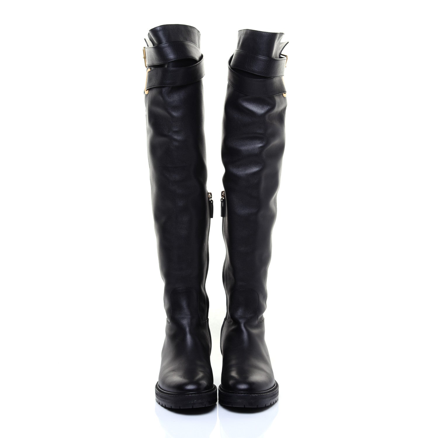Valentino Garavani Calfskin Knee High Buckle Boots 37 Black 2 of 7