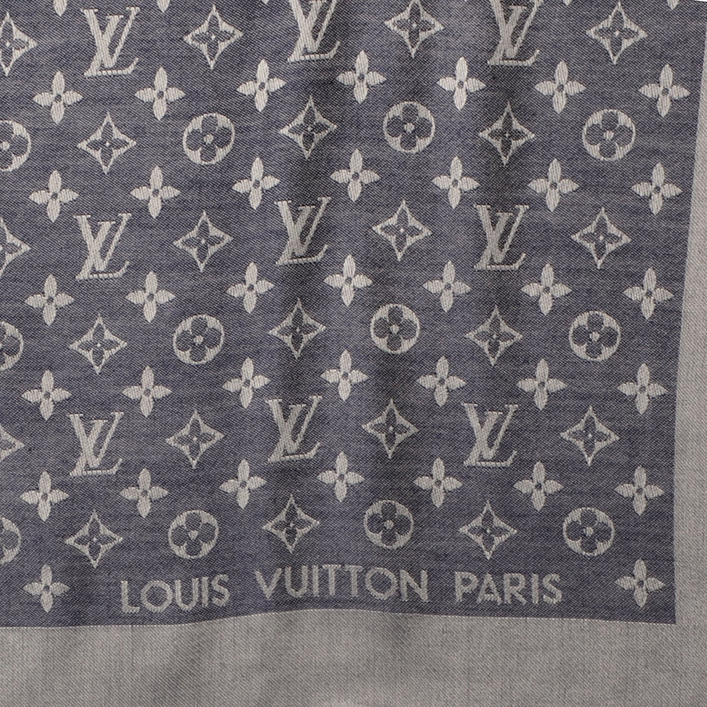 Silk Wool Monogram Denim Shawl Blue