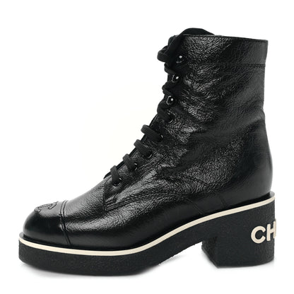 Chanel Shiny Crumpled Lambskin Lace Up Combat Boots 36 Black 1 of 8