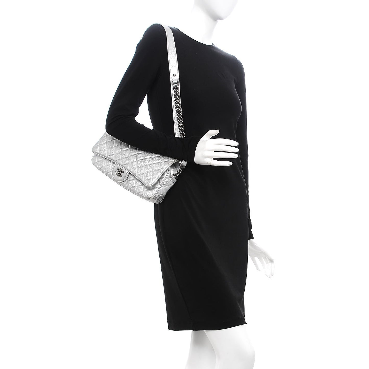 Metallic Calfskin Quilted Small Chain Detail Flap Silver