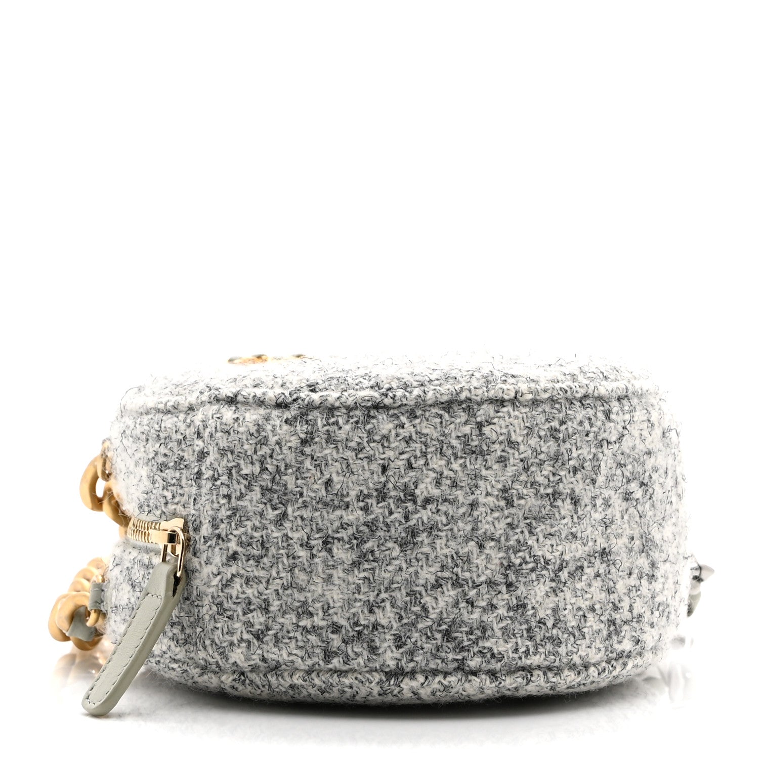 Chanel Wool Tweed Lambskin Quilted Chanel 19 Round Clutch With Chain Grey Ecru 4 of 10