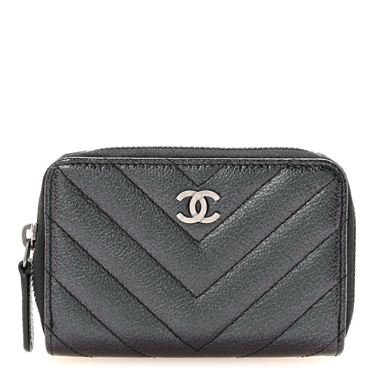 Iridescent Caviar Chevron Quilted Zip Around Coin Purse Black