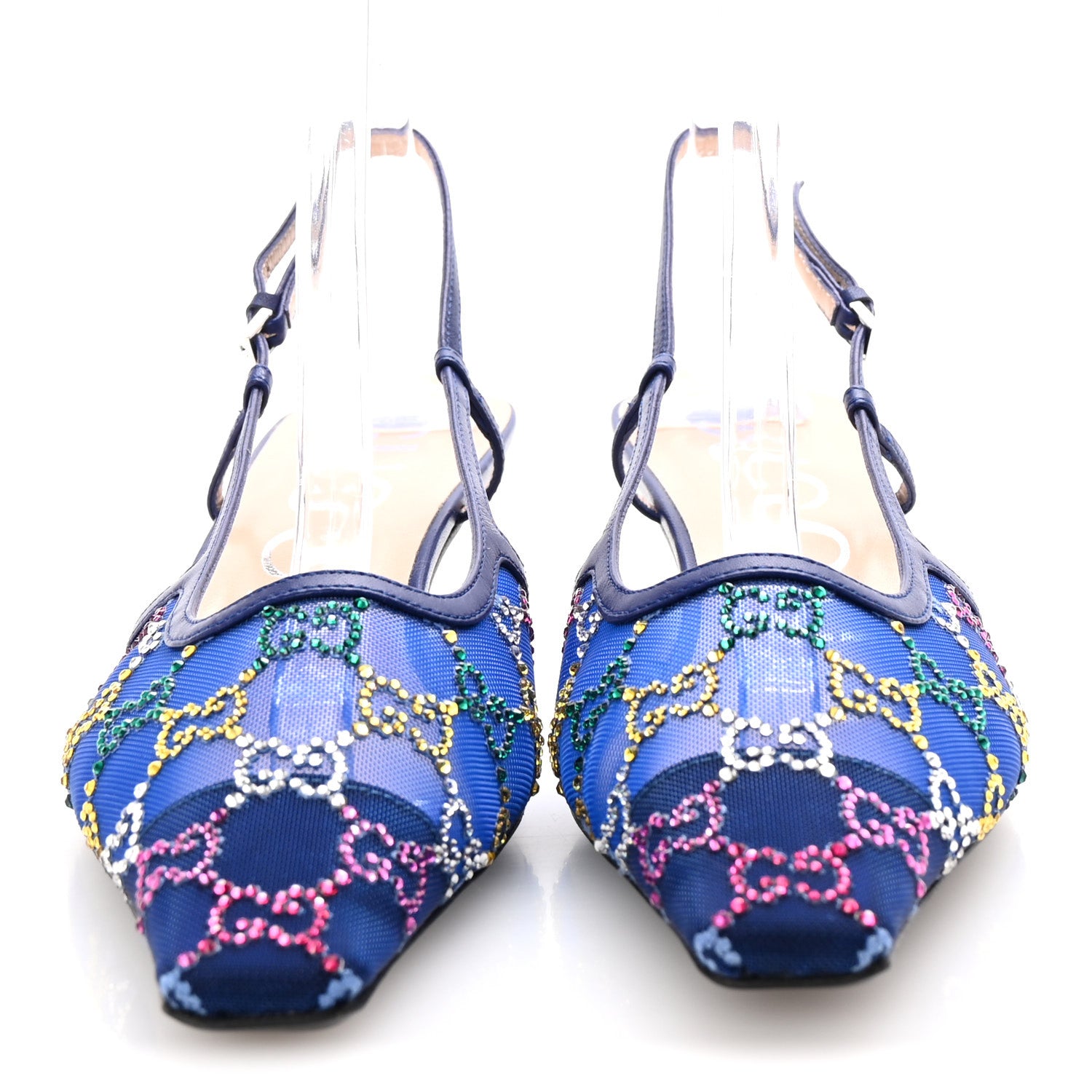 Gucci Tela Retino Nappa Charlotte Crystal GG Monogram Square G 35mm Slingback Pumps 39 Splash Net Blue Witch 3 of 9