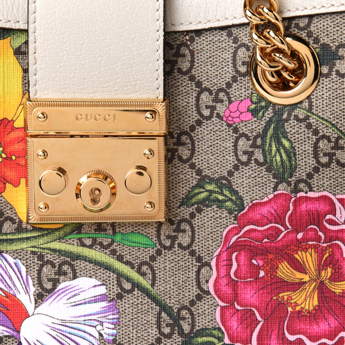 GG Supreme Monogram Flora Textured Calfskin Small Padlock Tote Beige Ebony Multicolor Mystic White