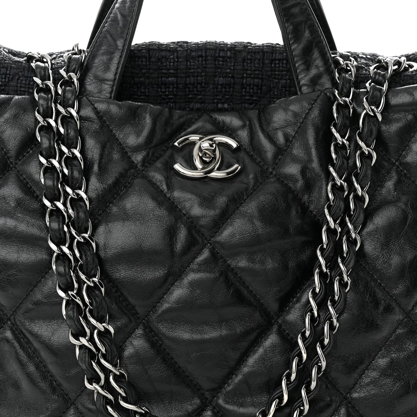Glazed Calfskin Quilted Tweed Portobello Tote Black