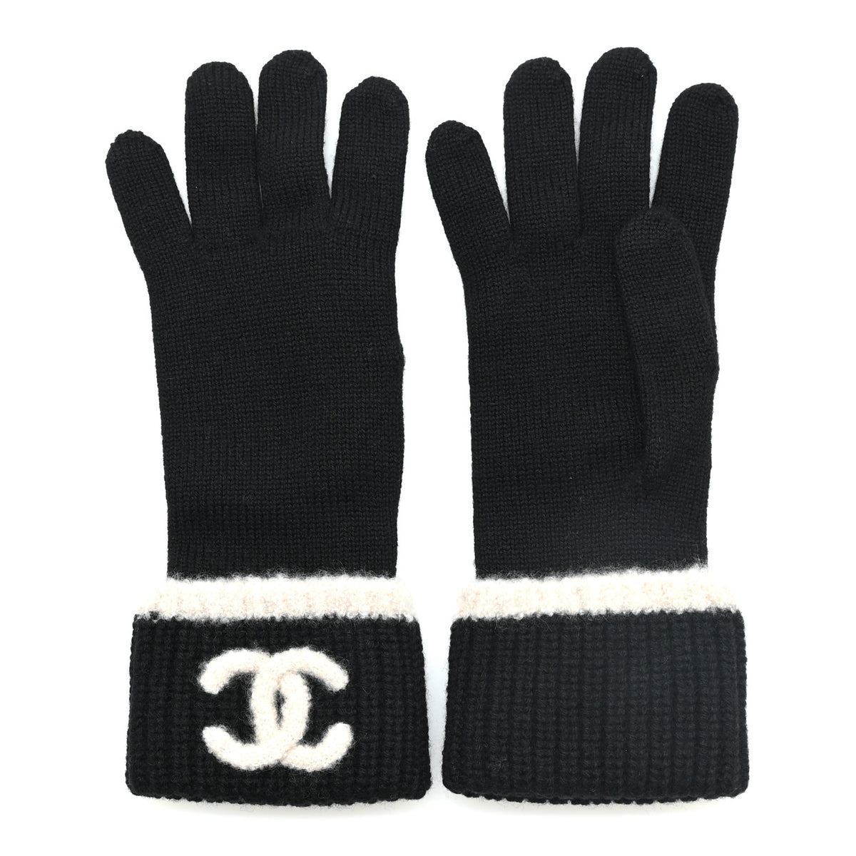 Chanel Wool Cashmere Silk CC Gloves Black Beige 1 of 4