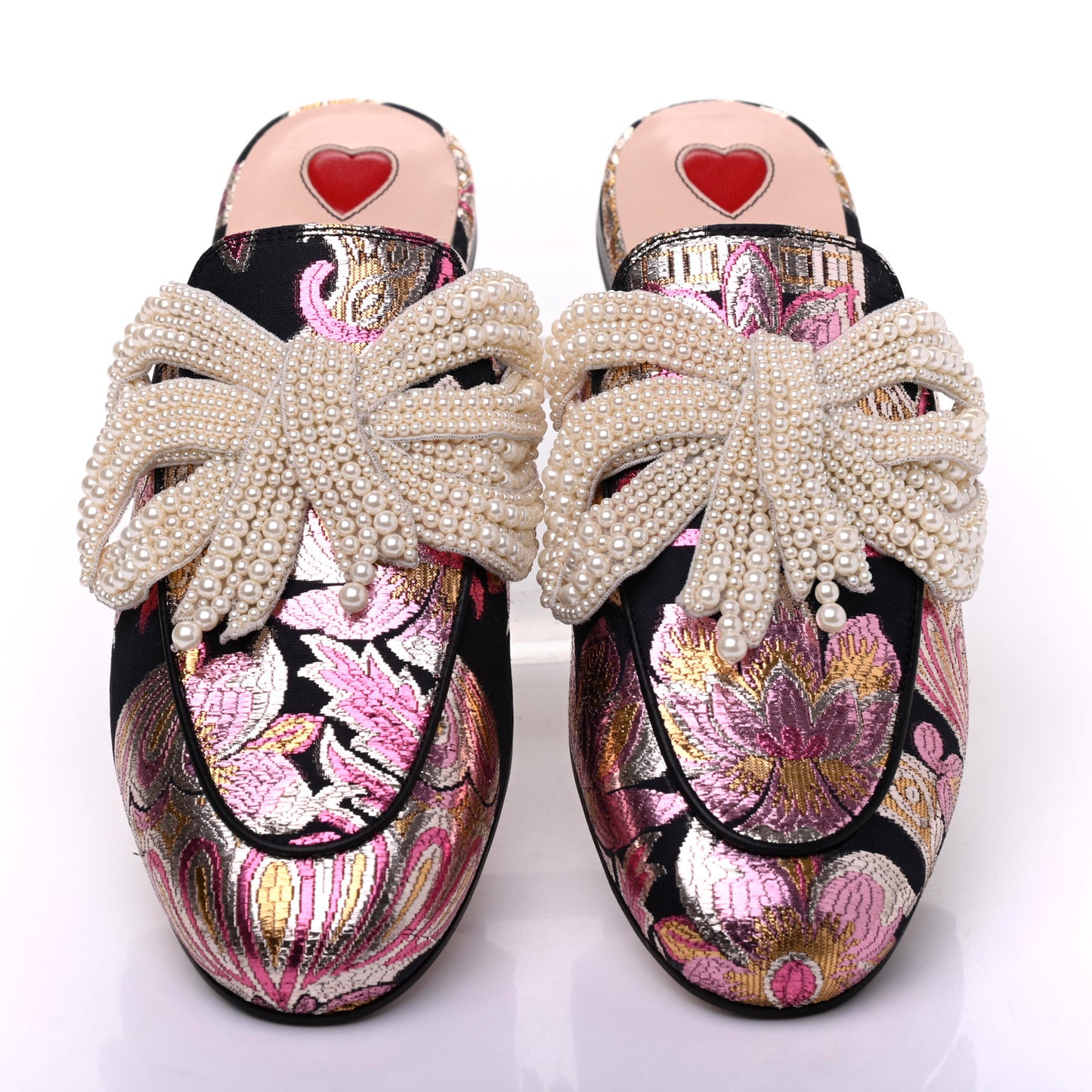 Iridescent Brocade Pearl Bow Womens Princetown Slippers 36.5 Black Pink