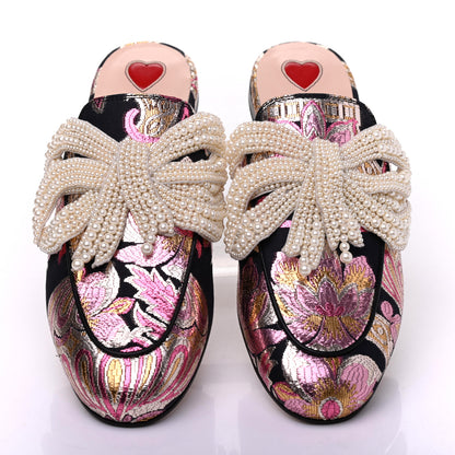 Gucci Iridescent Brocade Pearl Bow Womens Princetown Slippers 36.5 Black Pink 5 of 16