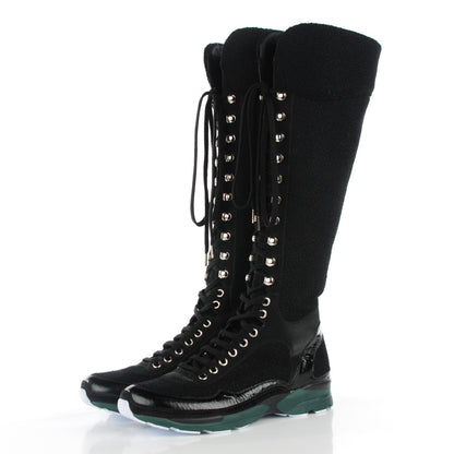 Chanel Tweed Patent Calfskin Sneaker Boots 38 Black 3 of 8