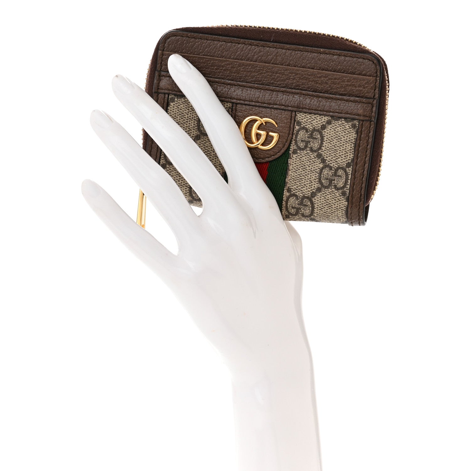 Gucci GG Supreme Monogram Textured Dollar Calfskin Web Ophidia Zip Around Card Case Wallet Beige Ebony New Acero 2 of 7