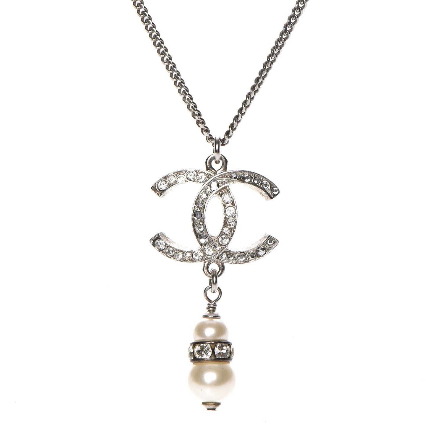 Pearl Crystal CC Necklace Silver