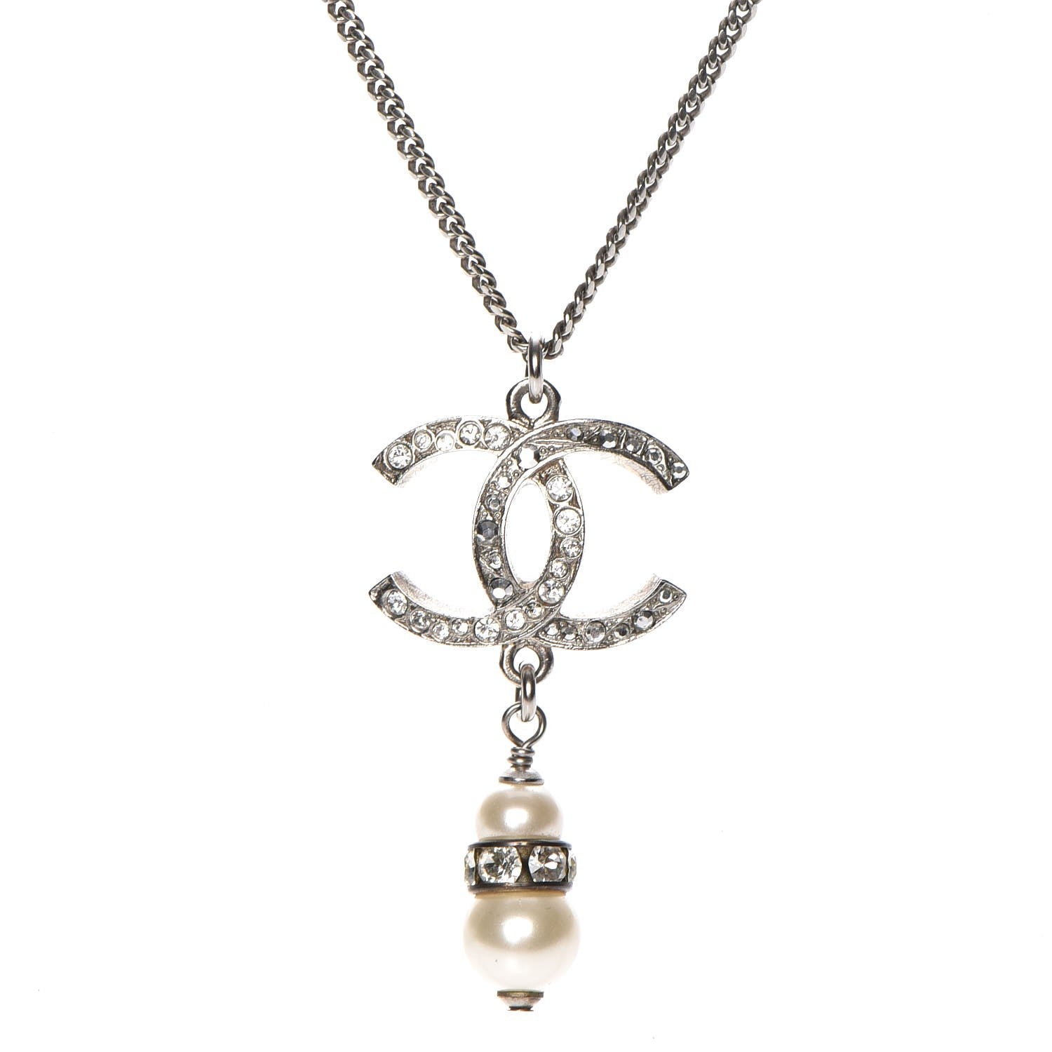 Chanel Pearl Crystal CC Necklace Silver 4 of 9