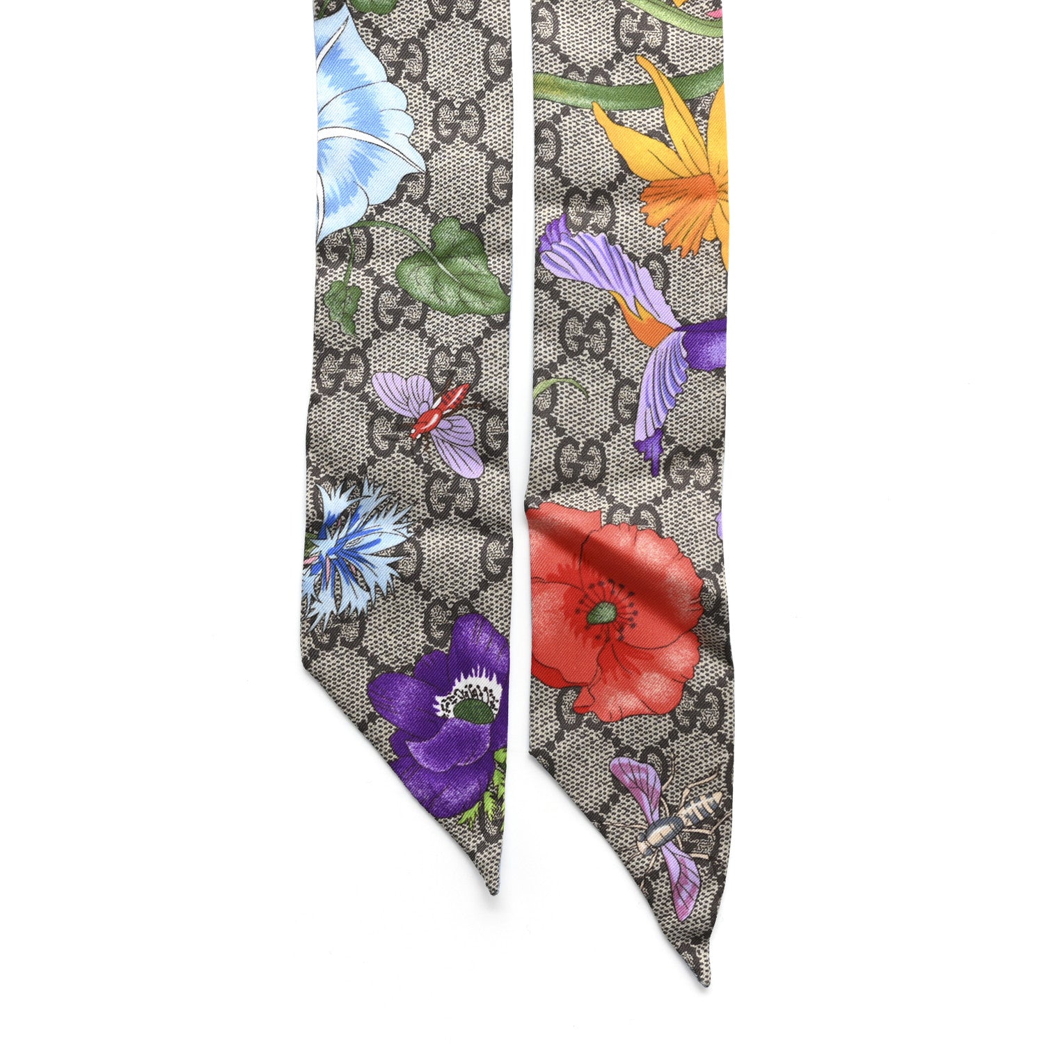 Gucci Silk Twill GG Monogram Special Flory Neck Bow Scarf Beige Sky Blue 2 of 6