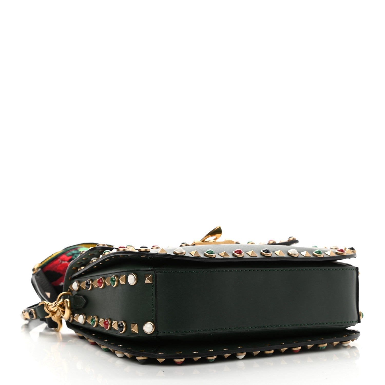 Valentino Garavani Calfskin Medium Guitar Strap Rockstud Rolling Flap Saddle Bag Dark Green 4 of 11