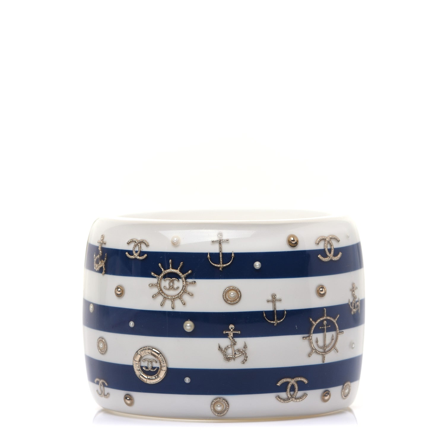 Chanel Resin Pearl Stripe CC Cuff White Navy 1 of 10
