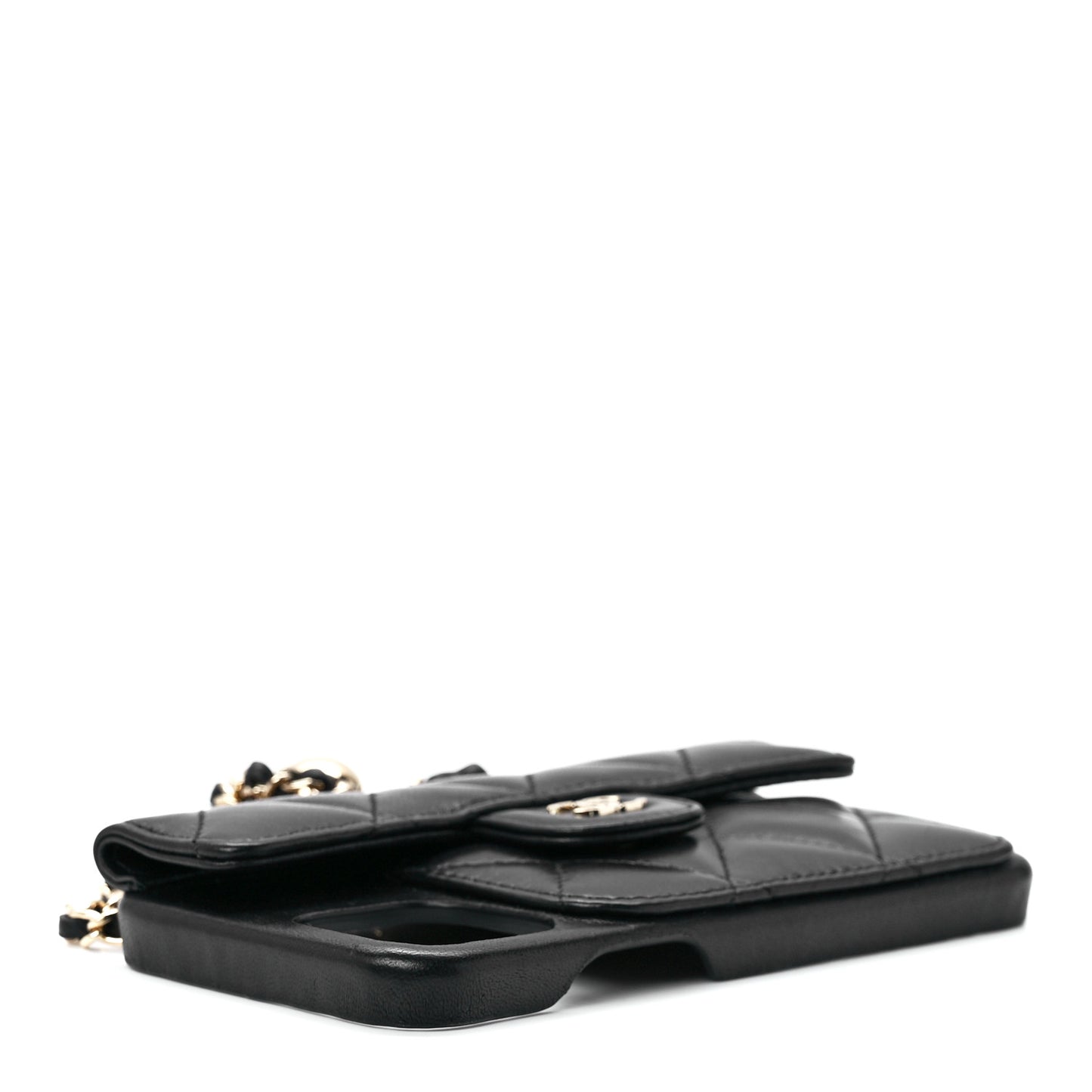 Lambskin Quilted Pearl Crush iPhone XII Pro Holder With Chain Black